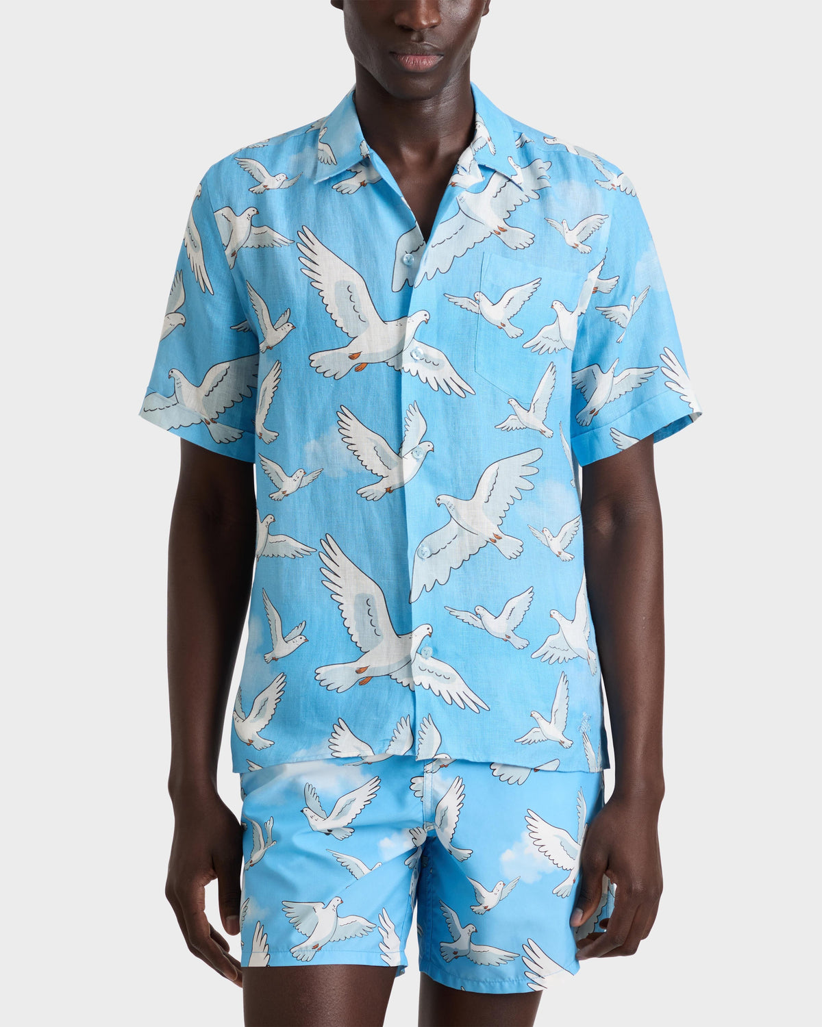 Linen Bowling Shirt Doves - VBQ x 3.PARADIS - Blue Jaipuy / Vilebrequin New