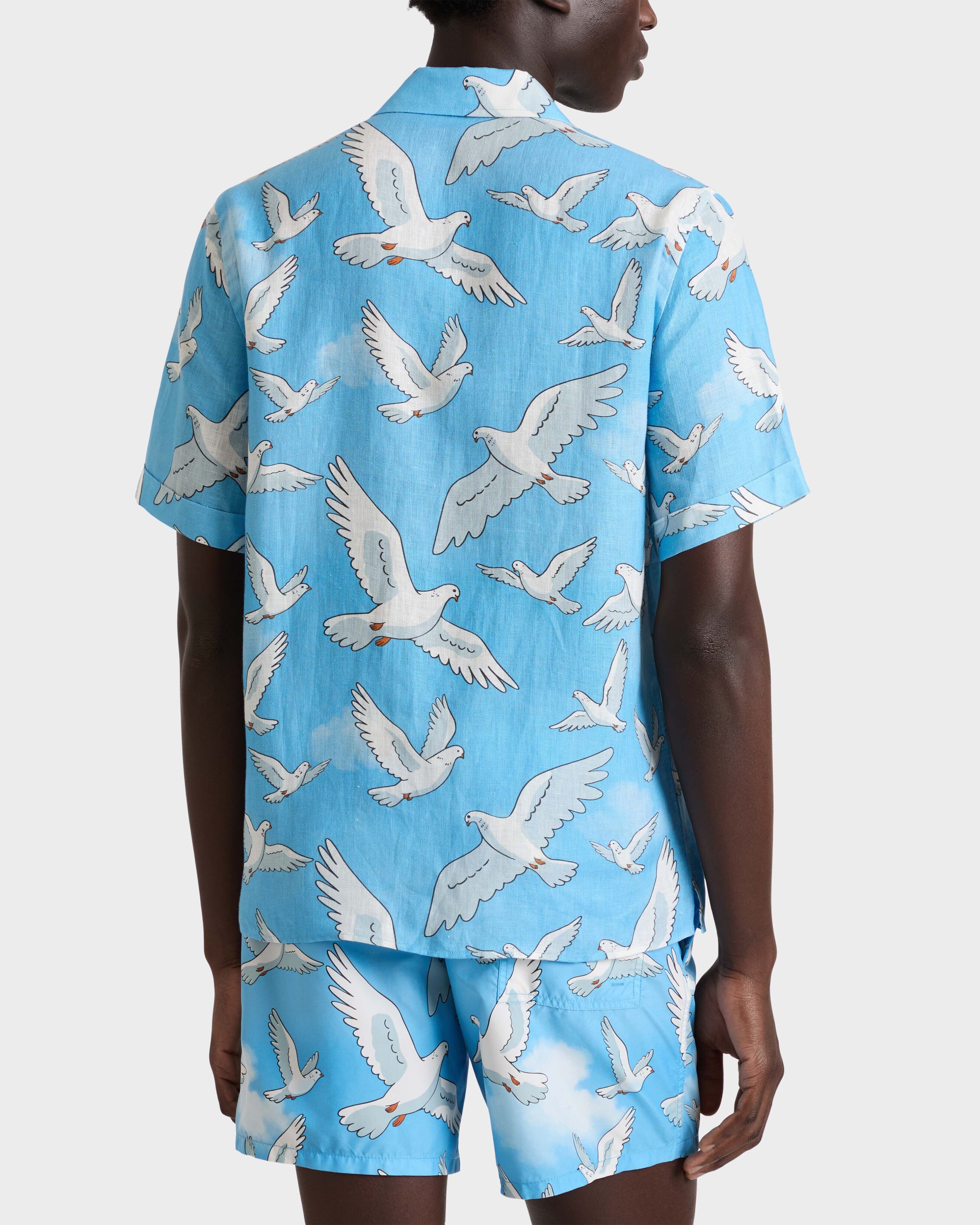 Linen Bowling Shirt Doves - VBQ x 3.PARADIS - Blue Jaipuy / Vilebrequin New