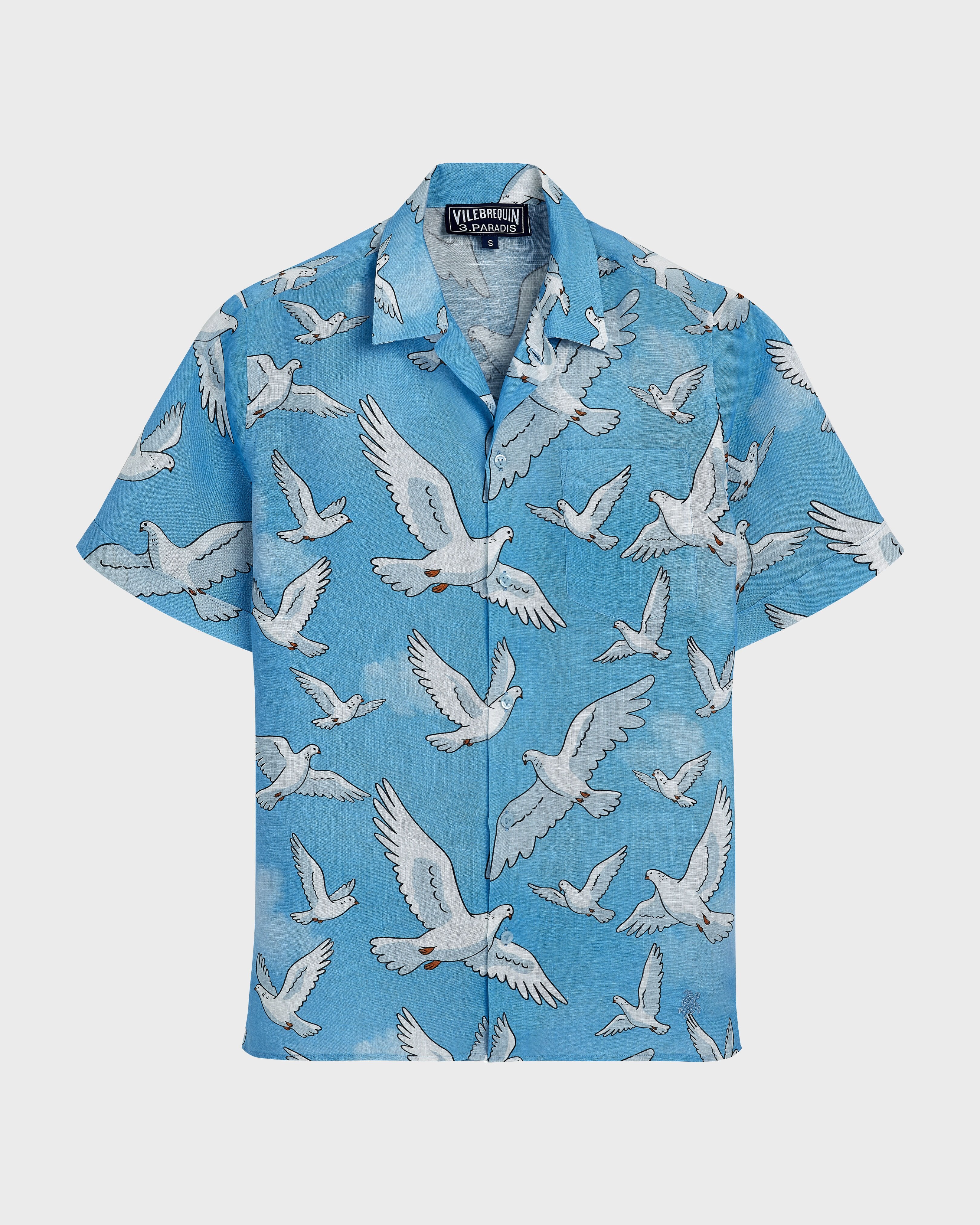 Linen Bowling Shirt Doves - VBQ x 3.PARADIS - Blue Jaipuy / Vilebrequin New
