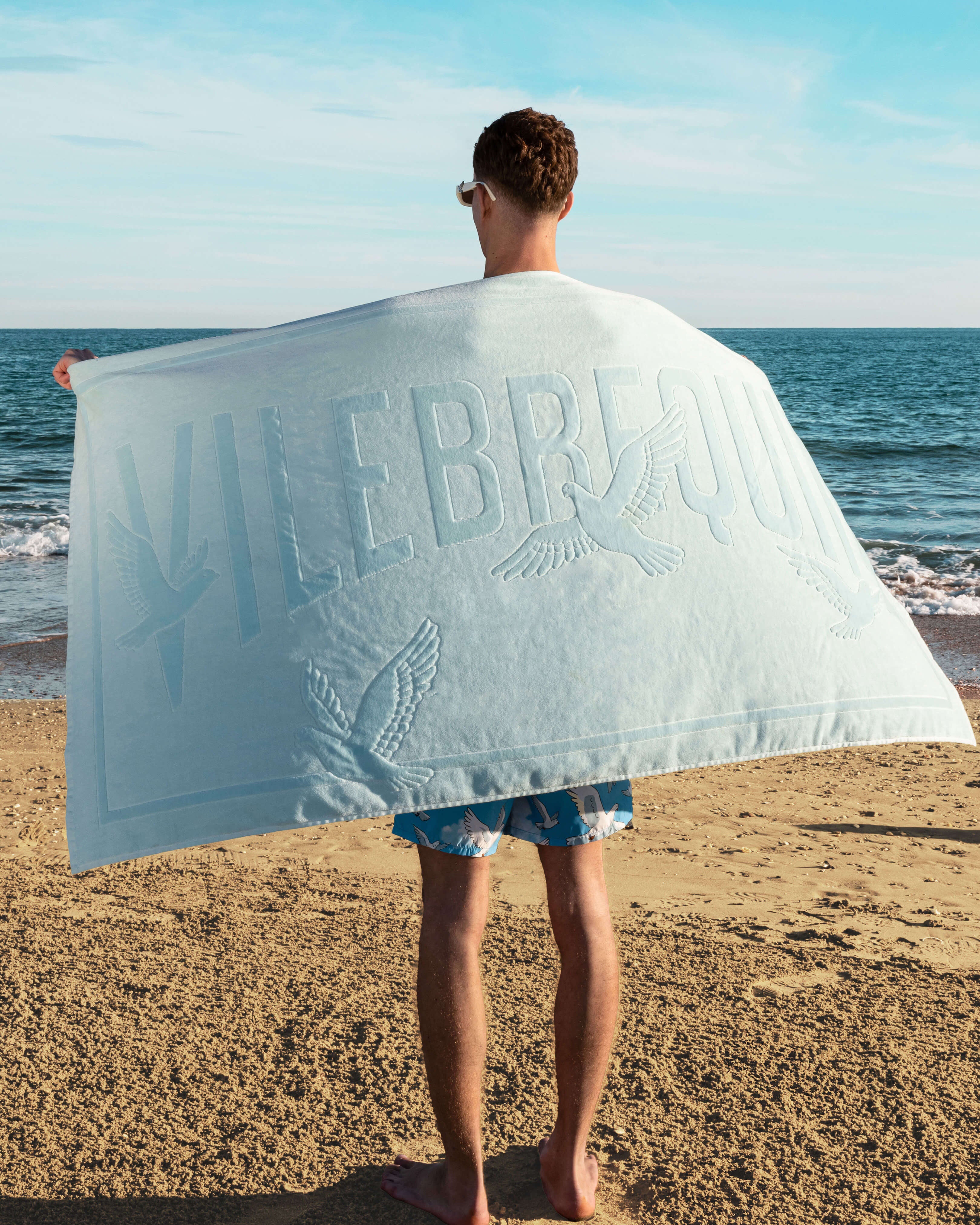 Organic Cotton Beach Towel Doves - VBQ x 3.PARADIS - Frosted blue / Vilebrequin Outlet