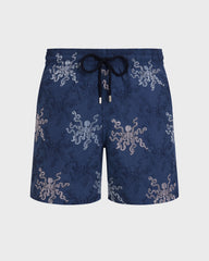 Embroidered Swim Trunks Octopus in Stripes - Limited Edition - Blue Evening / Vilebrequin Outlet