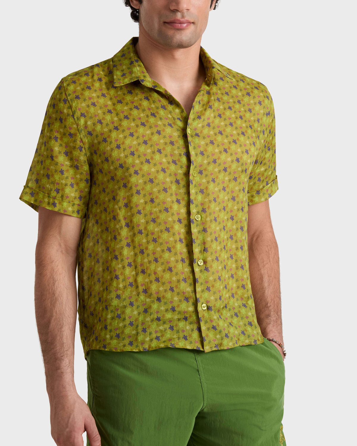 Ramie Bowling Shirt Micro Ronde des Tortues - Green Wormwood / Vilebrequin Sale