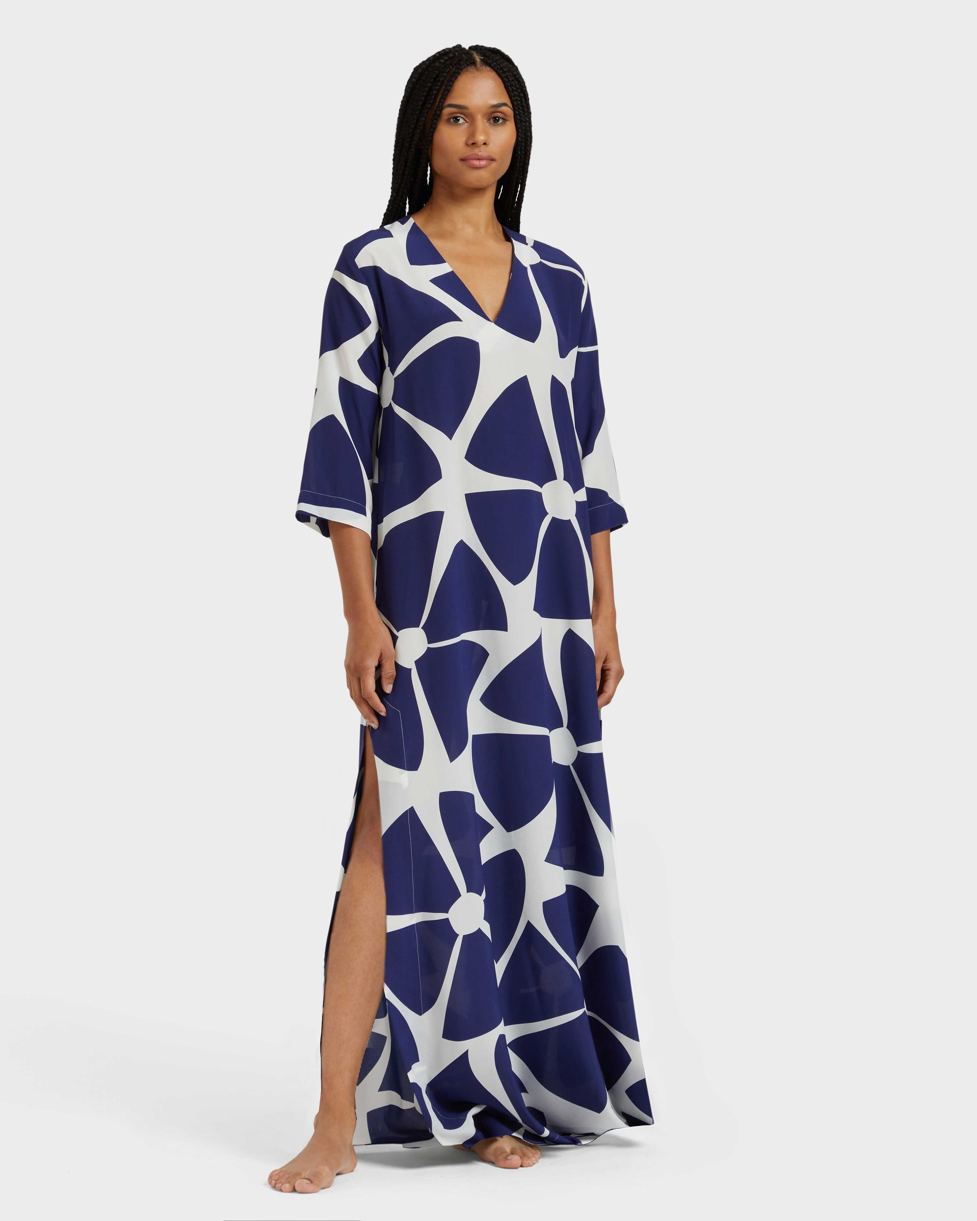 Long Silk Crepe De Chine Kaftan Big Flowers - Blue Midnight / Vilebrequin Outlet