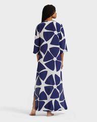 Long Silk Crepe De Chine Kaftan Big Flowers - Blue Midnight / Vilebrequin Outlet