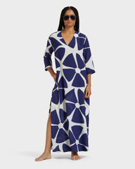 Long Silk Crepe De Chine Kaftan Big Flowers - Blue Midnight / Vilebrequin Outlet