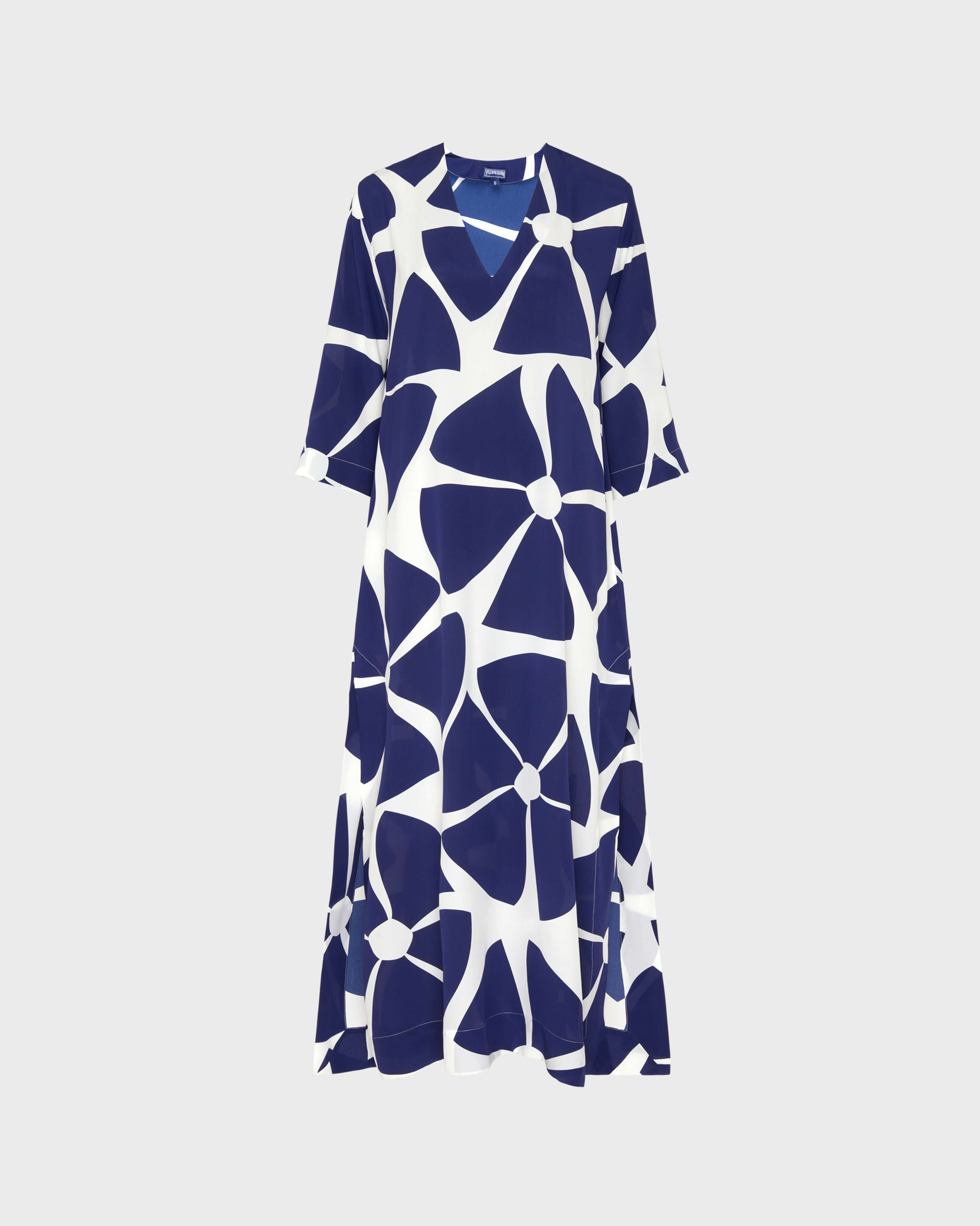 Long Silk Crepe De Chine Kaftan Big Flowers - Blue Midnight / Vilebrequin Outlet